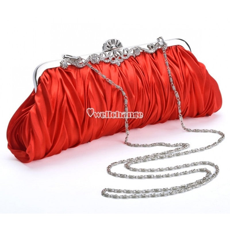 Fashionable and Vintage Ruched Satin Clutch Hand Bag with Silver Floral Clasp